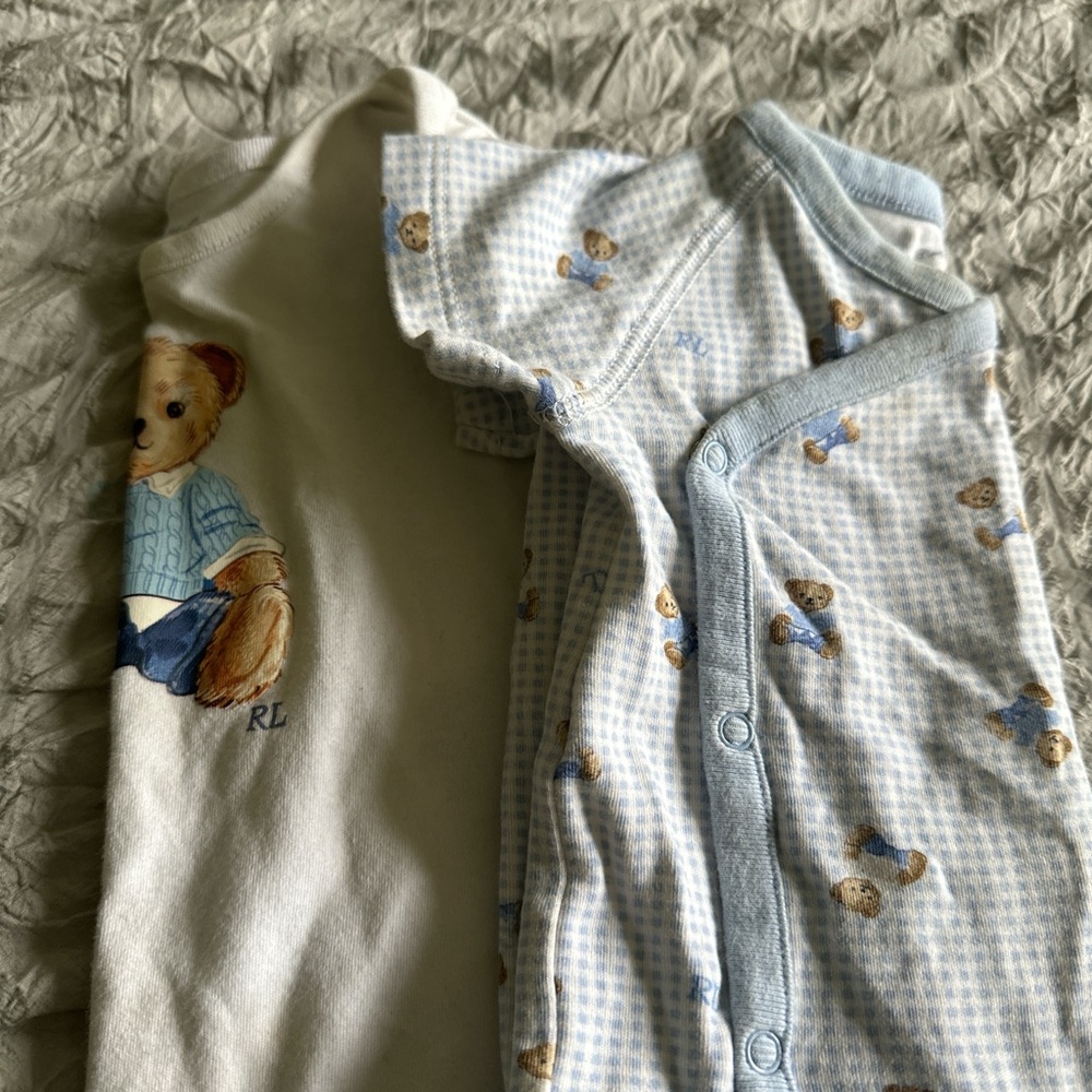 Polo by Ralph Lauren Cream and Blue Bear Bodysuit Set